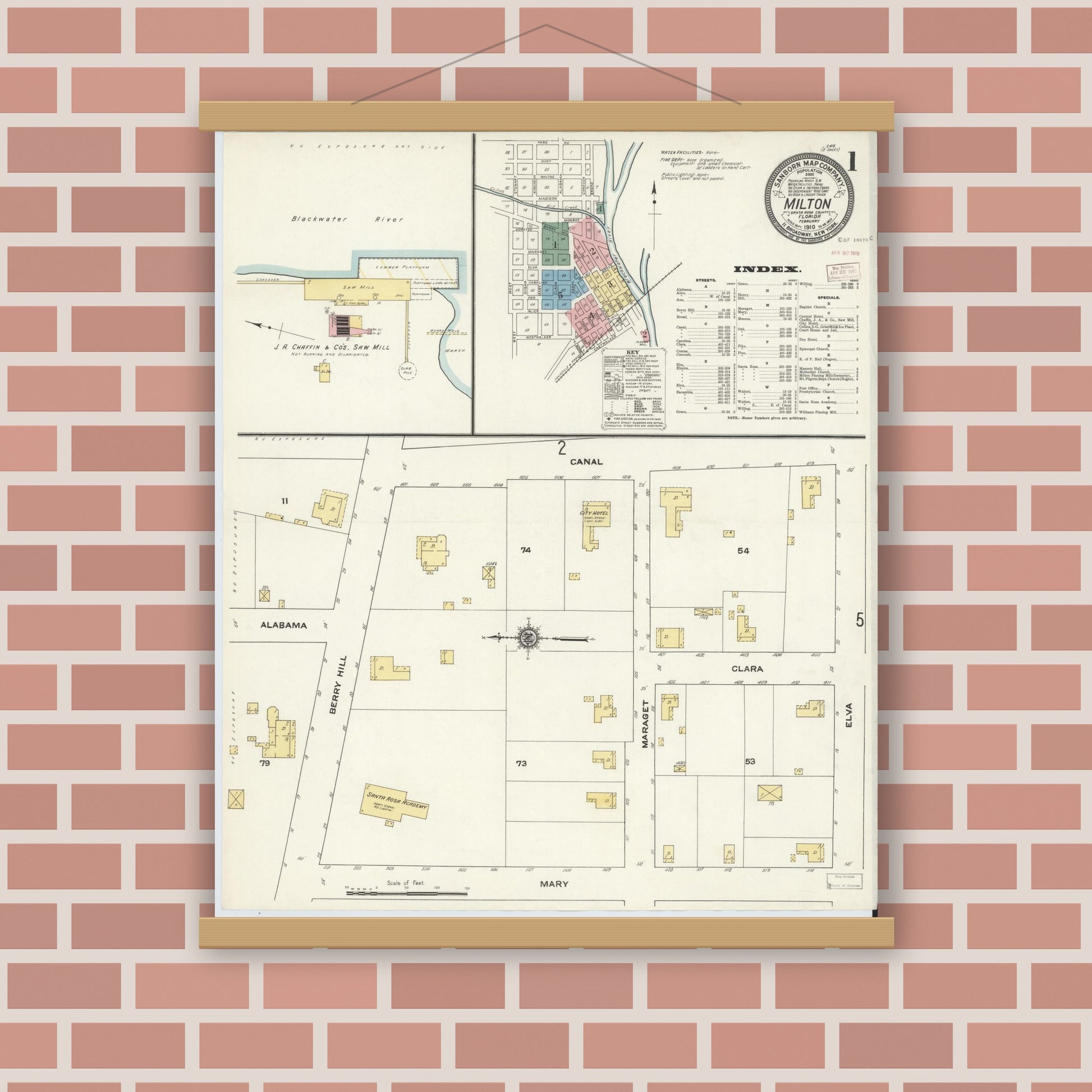 Old map wall art mockup — magnetic wood frame on brick wall — Sanborn Fire Insurance Map from Milton, Santa Rosa County, Florida (1910) - Complete Map Set
