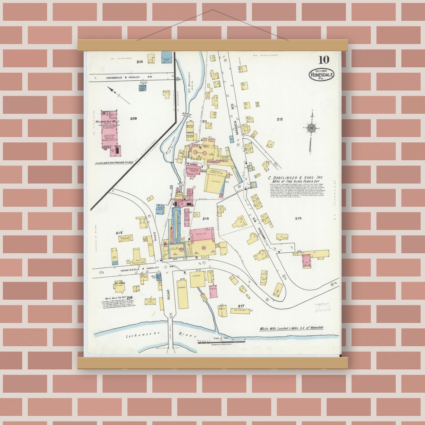 Old map wall art mockup — magnetic wood frame on brick wall — Sanborn Fire Insurance Map from Honesdale, Wayne County, Pennsylvania (1920), Sheet #0010