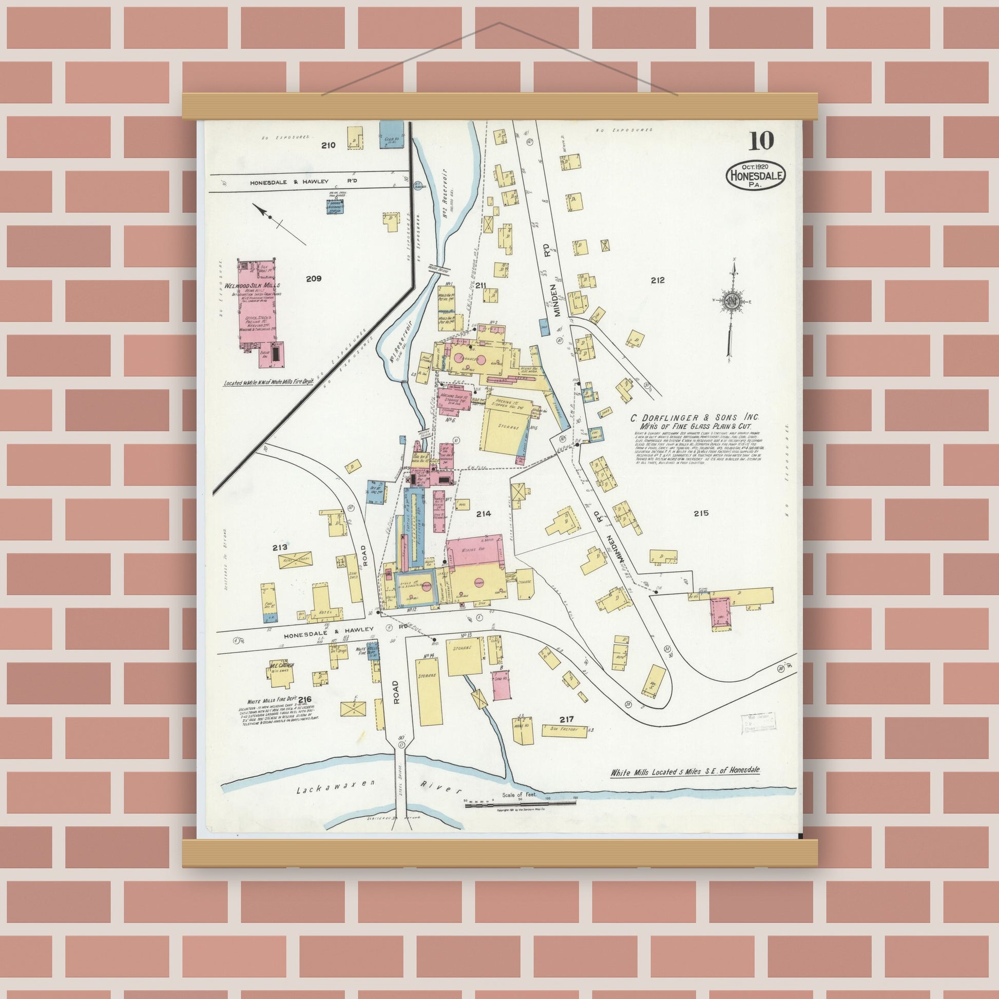 Old map wall art mockup — magnetic wood frame on brick wall — Sanborn Fire Insurance Map from Honesdale, Wayne County, Pennsylvania (1920), Sheet #0010