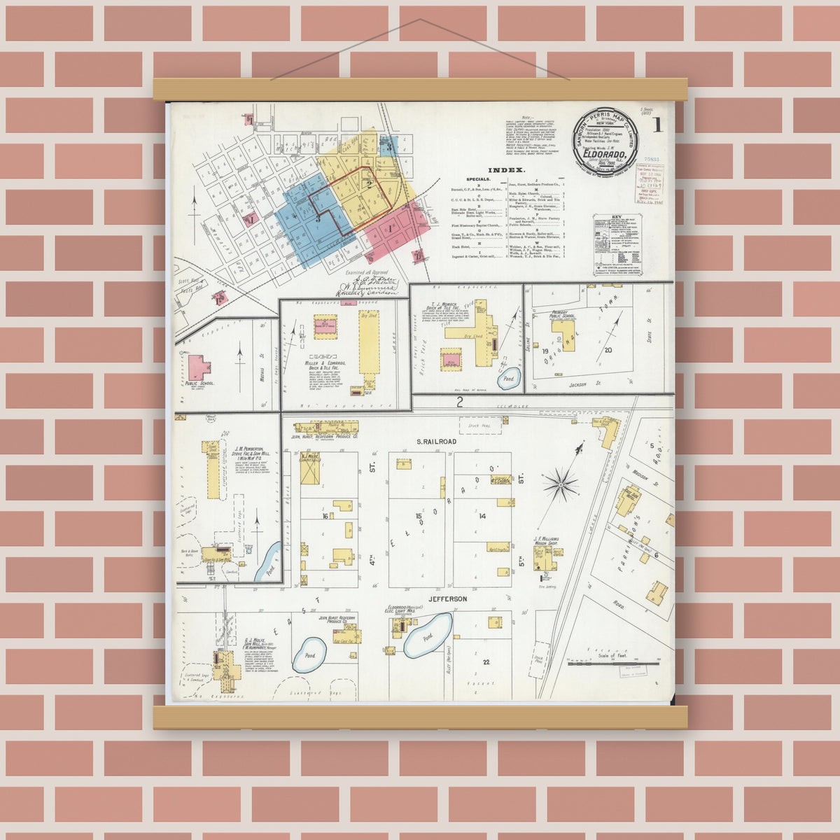Old map wall art mockup — magnetic wood frame on brick wall — Sanborn Fire Insurance Map from Eldorado, Saline County, Illinois (1900) - Complete Map Set