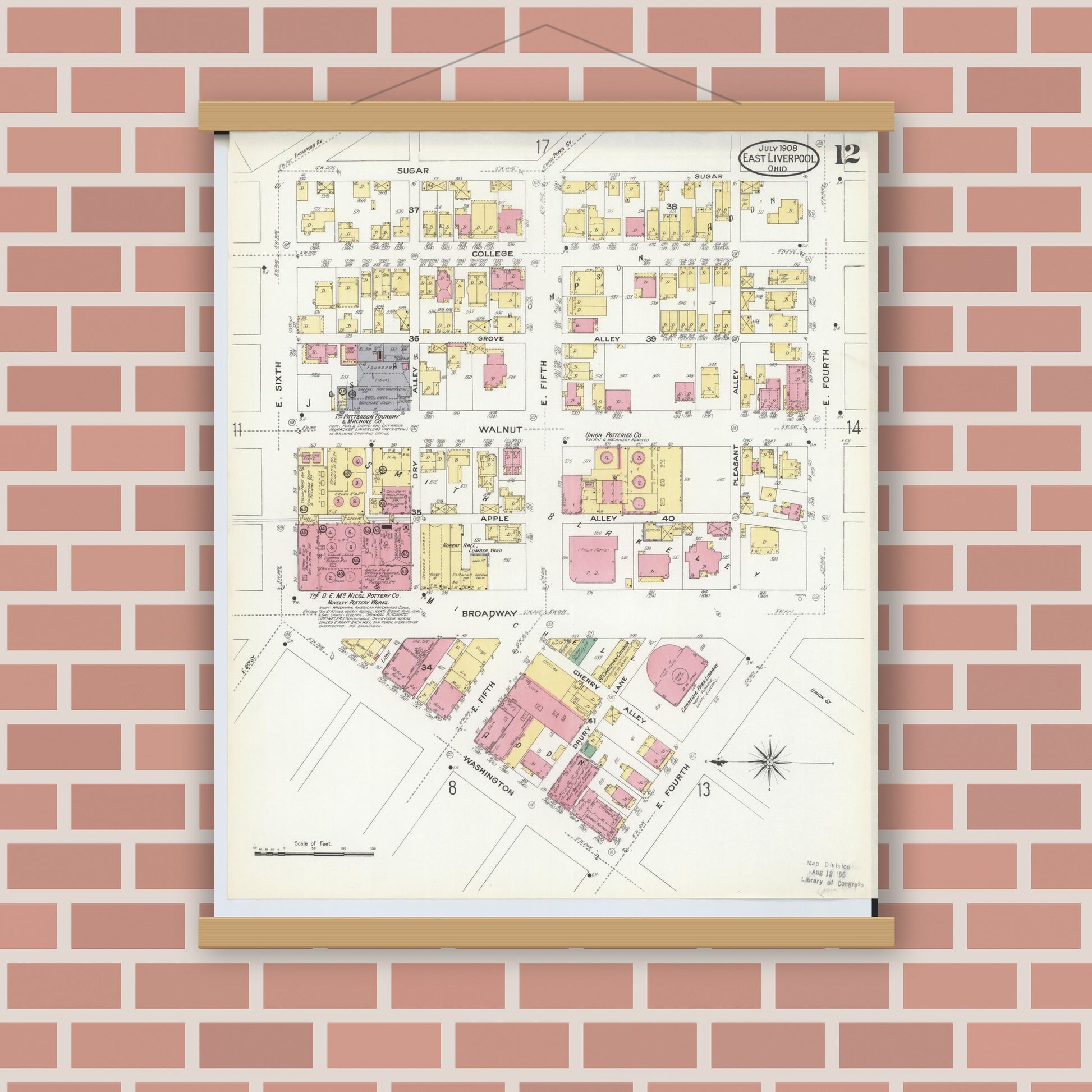 Old map wall art mockup — magnetic wood frame on brick wall — Sanborn Fire Insurance Map from East Liverpool, Columbiana County, Ohio (1908), Sheet #0012