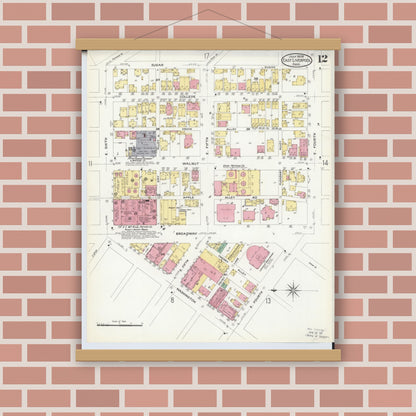 Old map wall art mockup — magnetic wood frame on brick wall — Sanborn Fire Insurance Map from East Liverpool, Columbiana County, Ohio (1908), Sheet #0012
