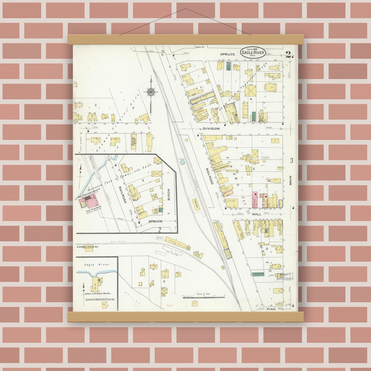 Old map wall art mockup — magnetic wood frame on brick wall — Sanborn Fire Insurance Map from Eagle River, Vilas County, Wisconsin (1909), Sheet #0002