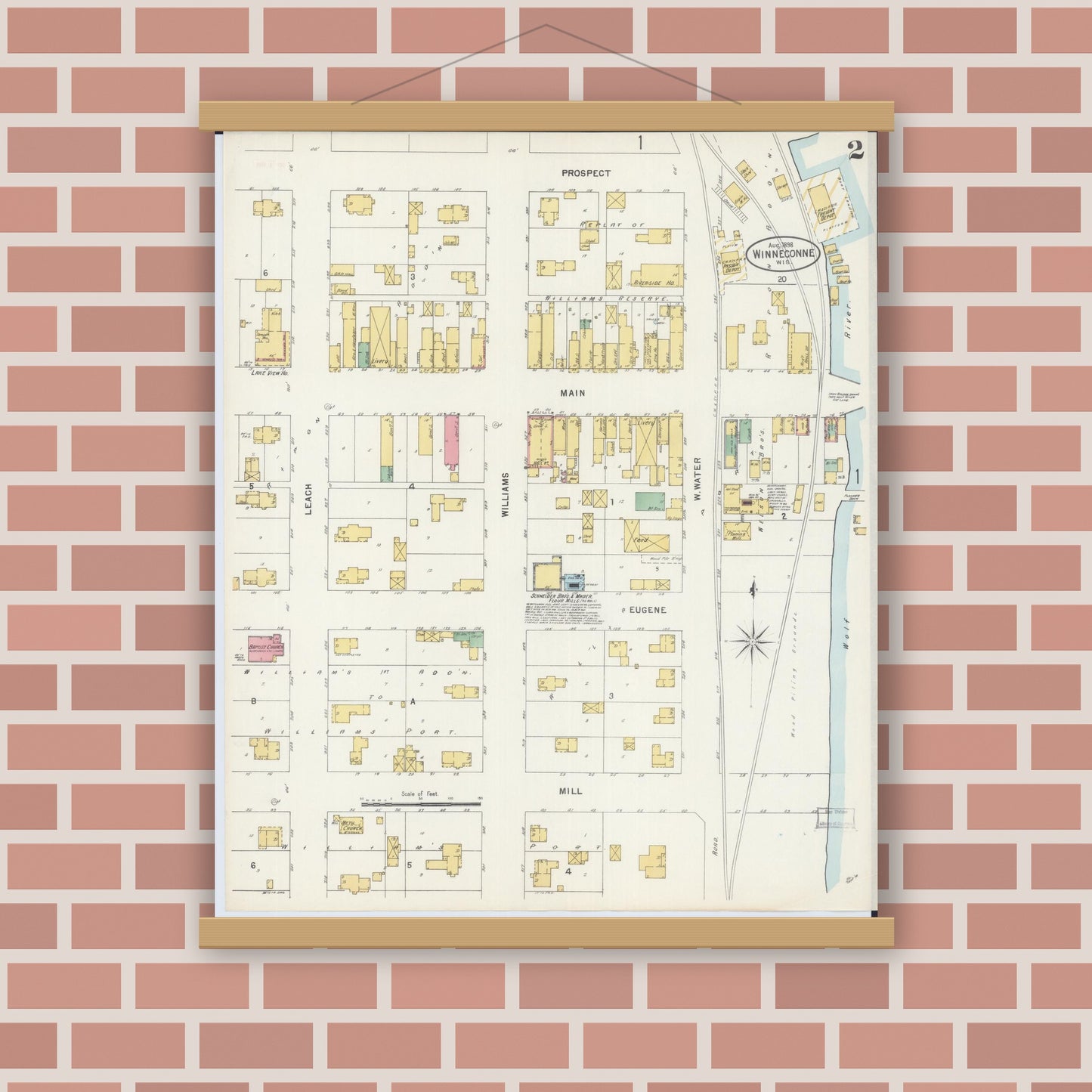 Old map wall art mockup — magnetic wood frame on brick wall — Sanborn Fire Insurance Map from Winneconne, Winnebago County, Wisconsin (1898), Sheet #0002