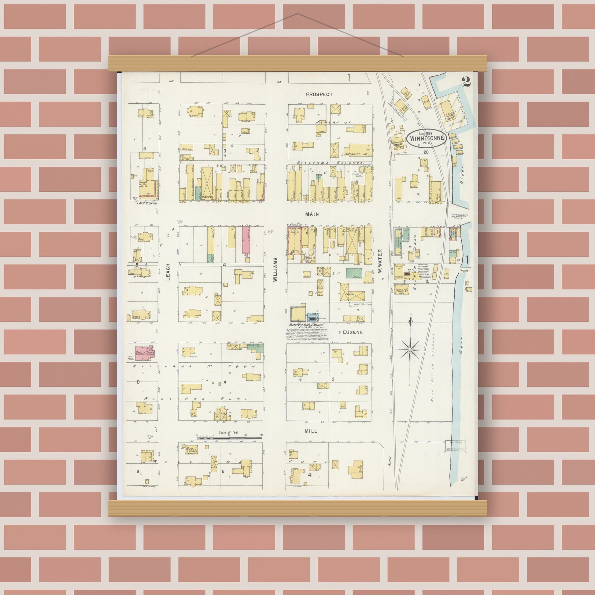 Old map wall art mockup — magnetic wood frame on brick wall — Sanborn Fire Insurance Map from Winneconne, Winnebago County, Wisconsin (1898), Sheet #0002