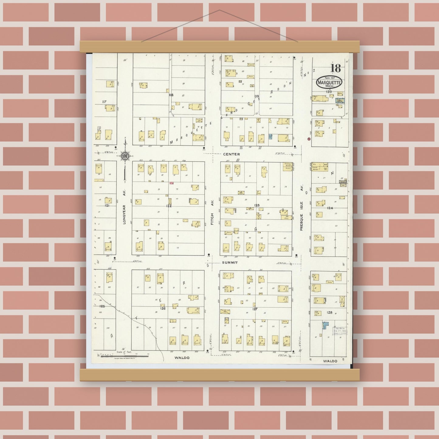 Old map wall art mockup — magnetic wood frame on brick wall — Sanborn Fire Insurance Map from Marquette, Marquette County, Michigan (1917), Sheet #0018
