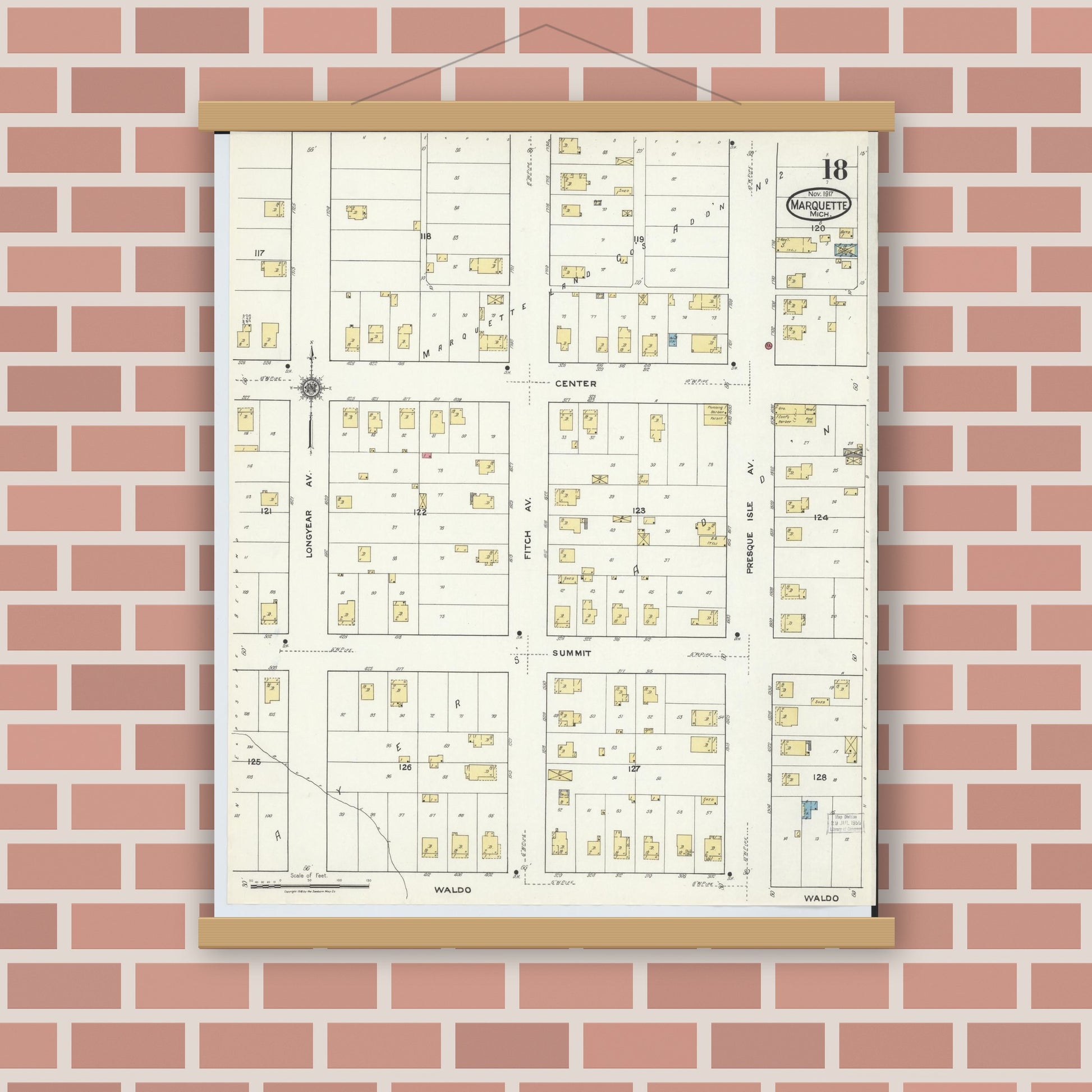 Old map wall art mockup — magnetic wood frame on brick wall — Sanborn Fire Insurance Map from Marquette, Marquette County, Michigan (1917), Sheet #0018