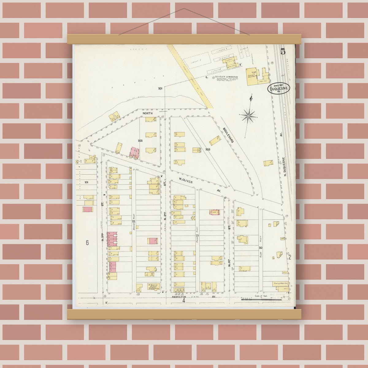 Old map wall art mockup — magnetic wood frame on brick wall — Sanborn Fire Insurance Map from Duquesne, Allegheny County, Pennsylvania (1907), Sheet #0005
