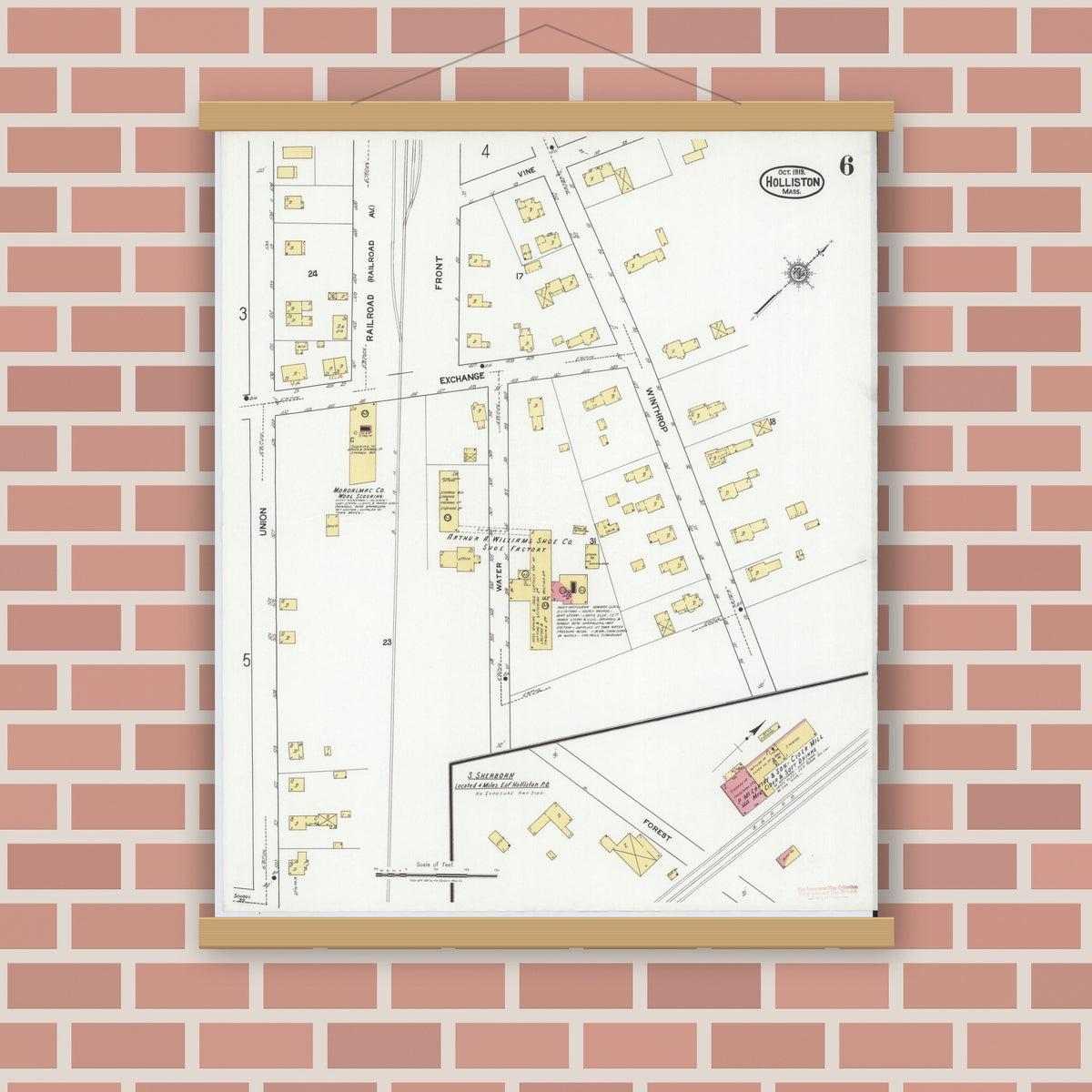 Old map wall art mockup — magnetic wood frame on brick wall — Sanborn Fire Insurance Map from Holliston, Middlesex County, Massachusetts (1919), Sheet #0006