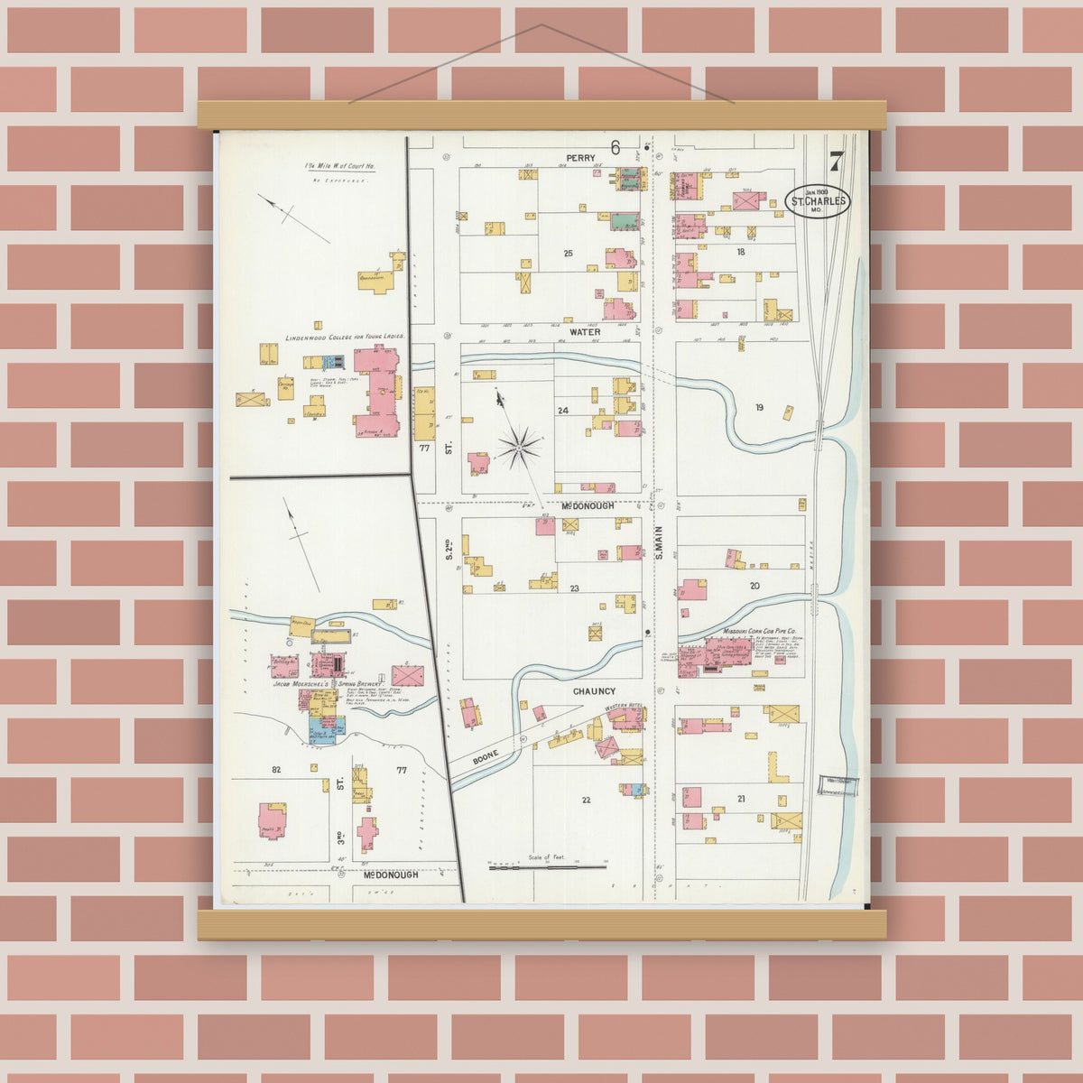 Old map wall art mockup — magnetic wood frame on brick wall — Sanborn Fire Insurance Map from Saint Charles, Saint Charles County, Missouri (1900), Sheet #0007