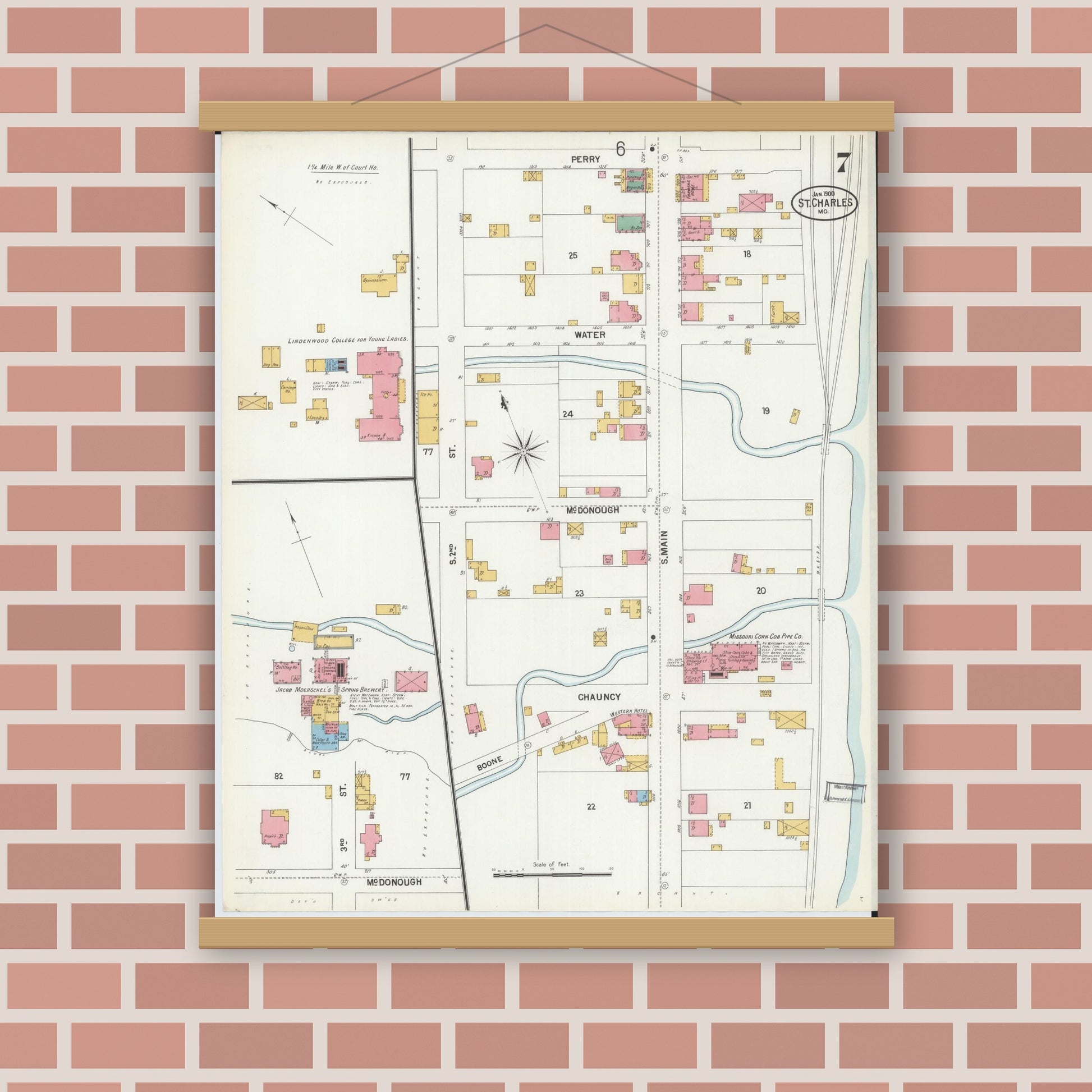 Old map wall art mockup — magnetic wood frame on brick wall — Sanborn Fire Insurance Map from Saint Charles, Saint Charles County, Missouri (1900), Sheet #0007