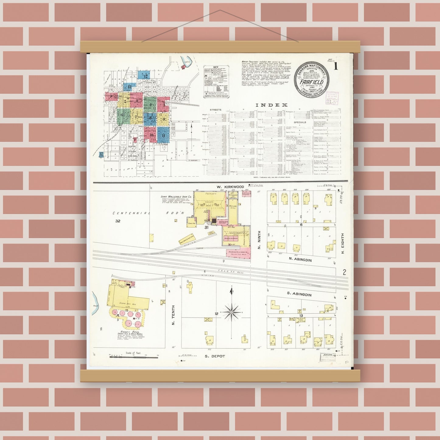 Old map wall art mockup — magnetic wood frame on brick wall — Sanborn Fire Insurance Map from Fairfield, Jefferson County, Iowa (1907) â€” Complete Set