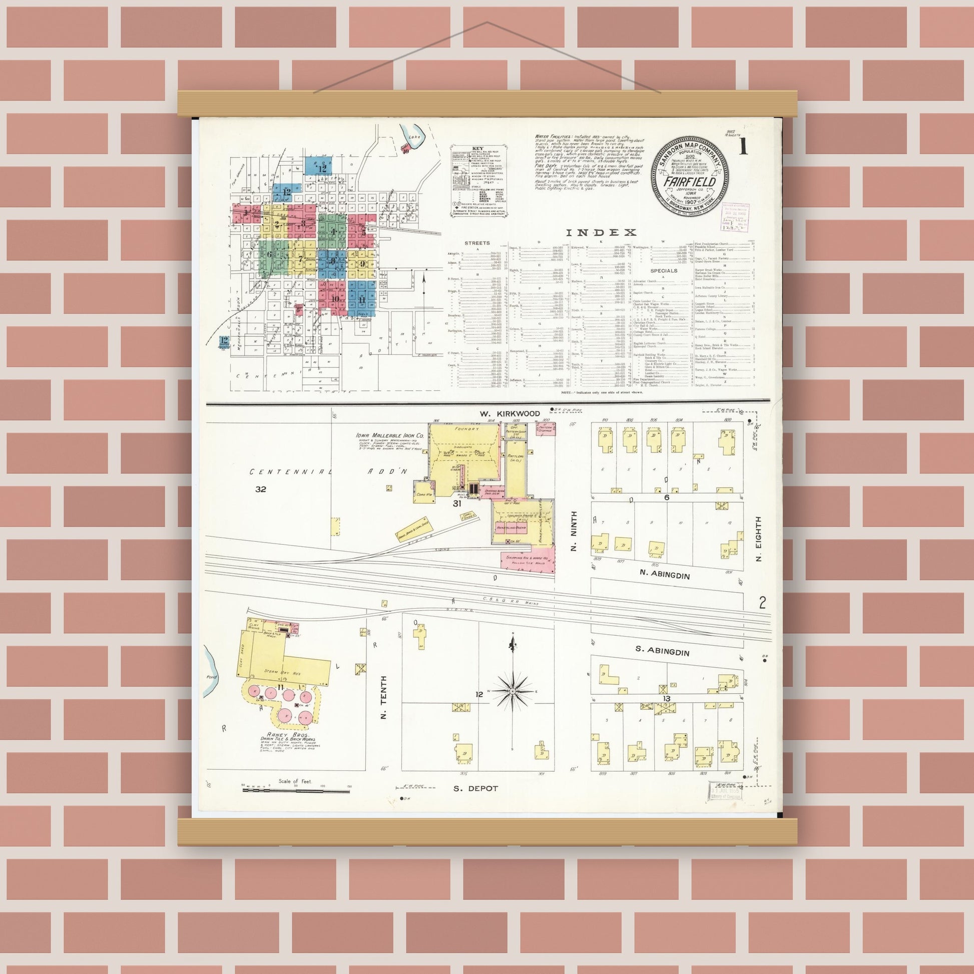 Old map wall art mockup — magnetic wood frame on brick wall — Sanborn Fire Insurance Map from Fairfield, Jefferson County, Iowa (1907) â€” Complete Set