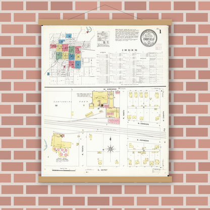 Old map wall art mockup — magnetic wood frame on brick wall — Sanborn Fire Insurance Map from Fairfield, Jefferson County, Iowa (1907) â€” Complete Set