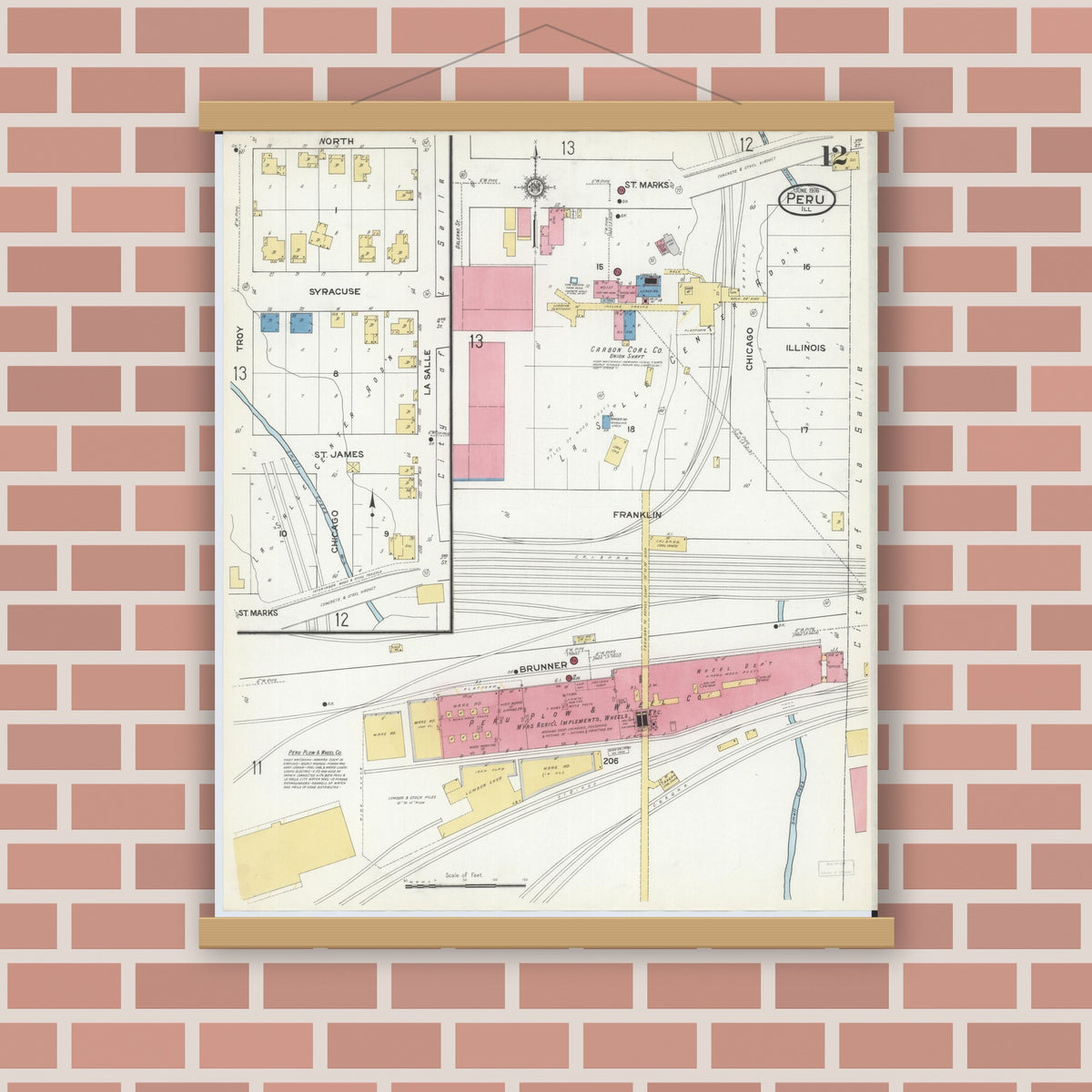 Old map wall art mockup — magnetic wood frame on brick wall — Sanborn Fire Insurance Map from Peru, La Salle County, Illinois (1916), Sheet #0012