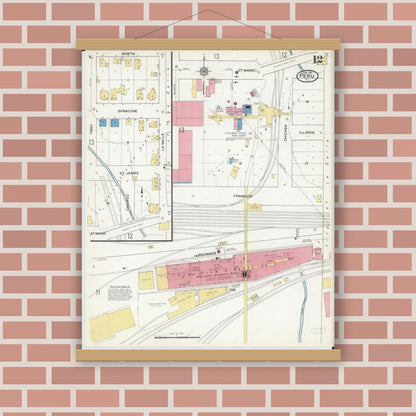 Old map wall art mockup — magnetic wood frame on brick wall — Sanborn Fire Insurance Map from Peru, La Salle County, Illinois (1916), Sheet #0012