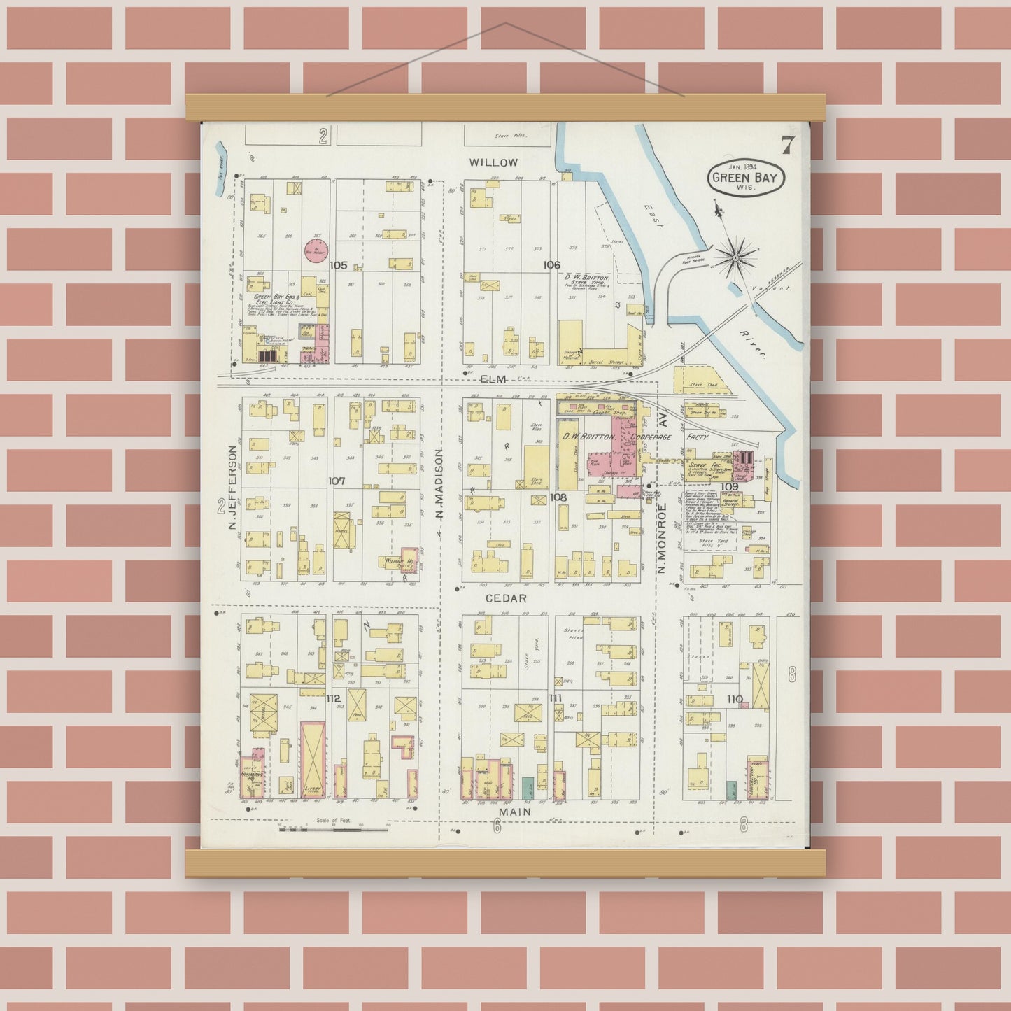 Old map wall art mockup — magnetic wood frame on brick wall — Sanborn Fire Insurance Map from Green Bay, Brown County, Wisconsin (1894), Sheet #0007