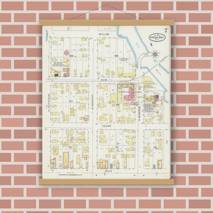 Old map wall art mockup — magnetic wood frame on brick wall — Sanborn Fire Insurance Map from Green Bay, Brown County, Wisconsin (1894), Sheet #0007