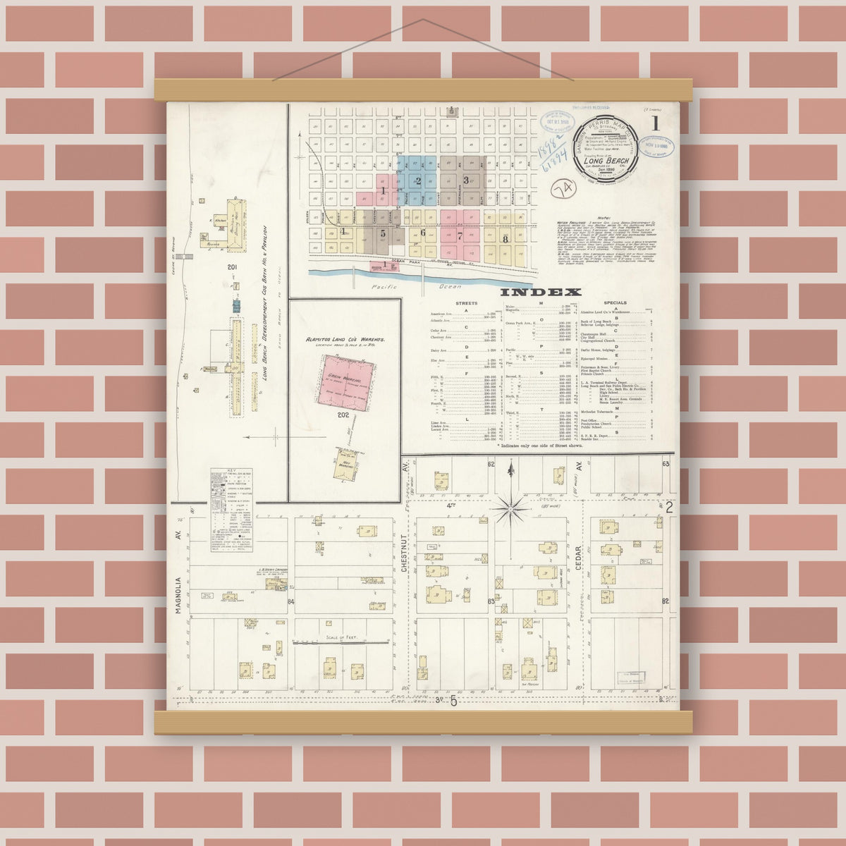 Old map wall art mockup — magnetic wood frame on brick wall — Sanborn Fire Insurance Map from Long Beach, Los Angeles County, California (1898) - Complete Map Set