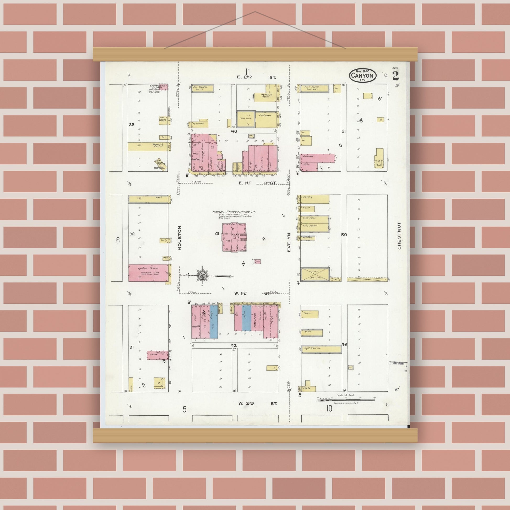 Old map wall art mockup — magnetic wood frame on brick wall — Sanborn Fire Insurance Map from Canyon, Randall County, Texas (1920), Sheet #0002