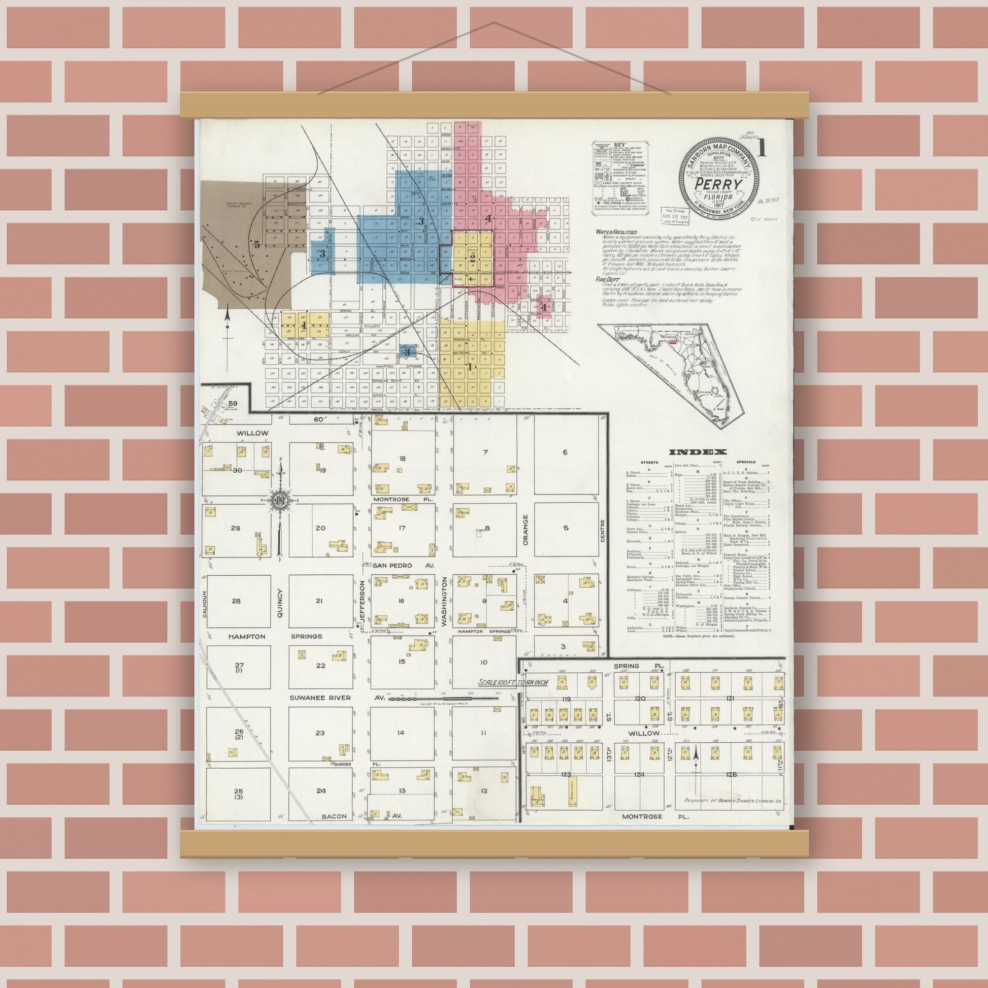 Old map wall art mockup — magnetic wood frame on brick wall — Sanborn Fire Insurance Map from Perry, Taylor County, Florida (1917) - Complete Map Set