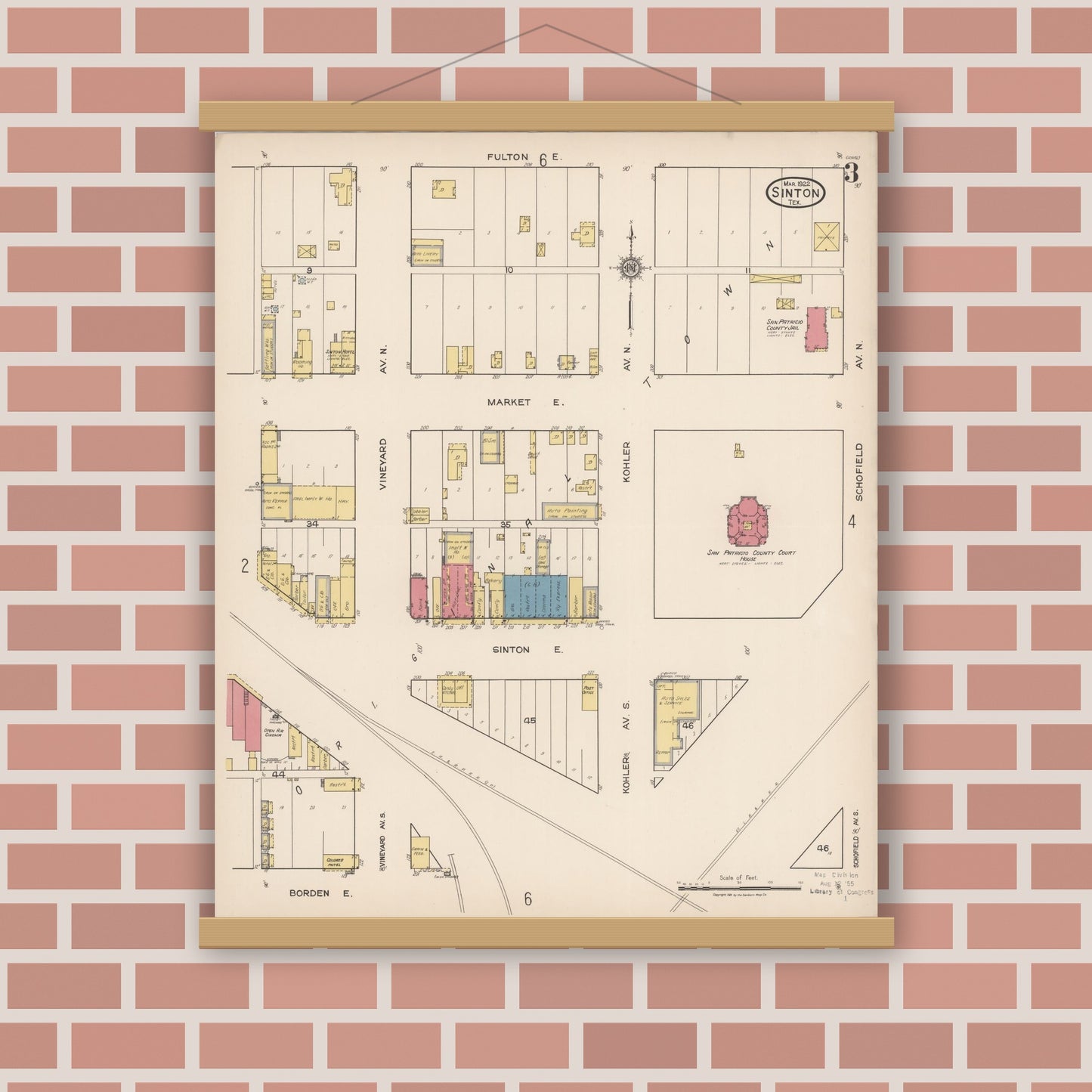 Old map wall art mockup — magnetic wood frame on brick wall — Sanborn Fire Insurance Map from Sinton, San Patricio County, Texas (1922), Sheet #0003