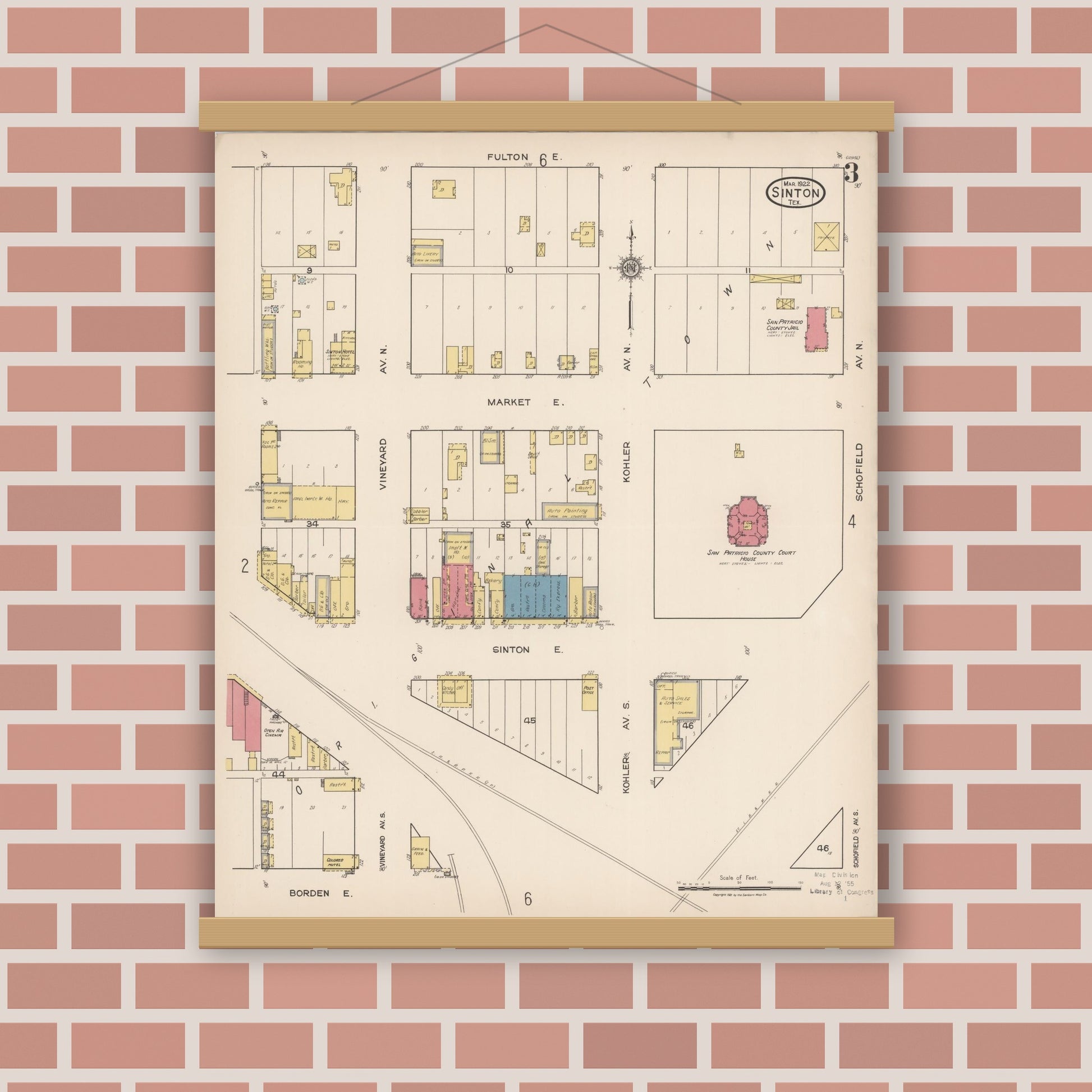 Old map wall art mockup — magnetic wood frame on brick wall — Sanborn Fire Insurance Map from Sinton, San Patricio County, Texas (1922), Sheet #0003