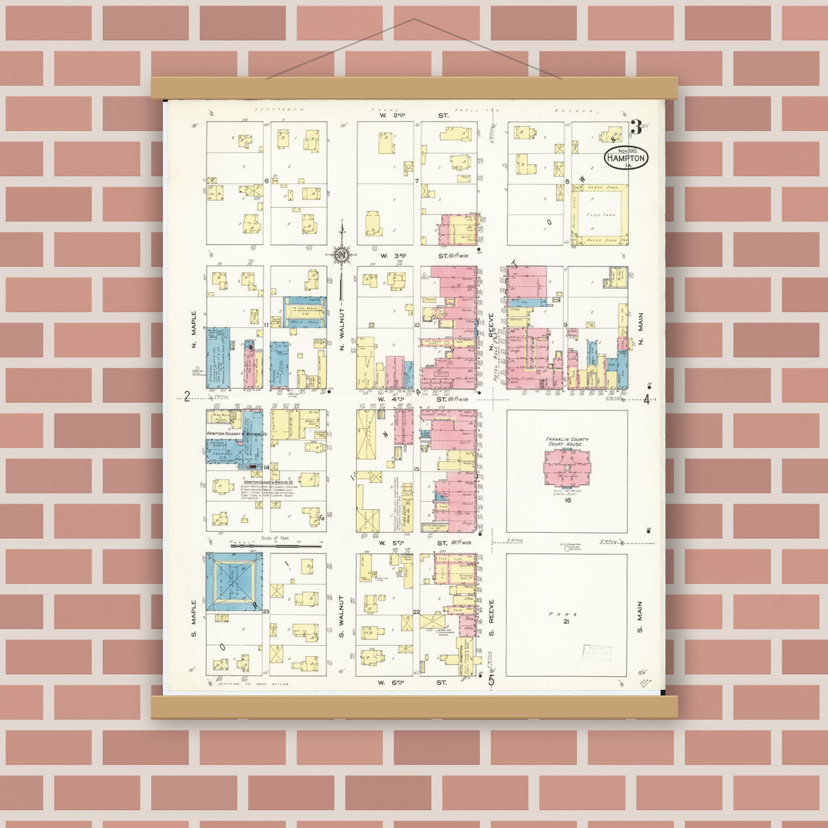 Old map wall art mockup — magnetic wood frame on brick wall — Sanborn Fire Insurance Map from Hampton, Franklin County, Iowa (1913), Sheet #0003