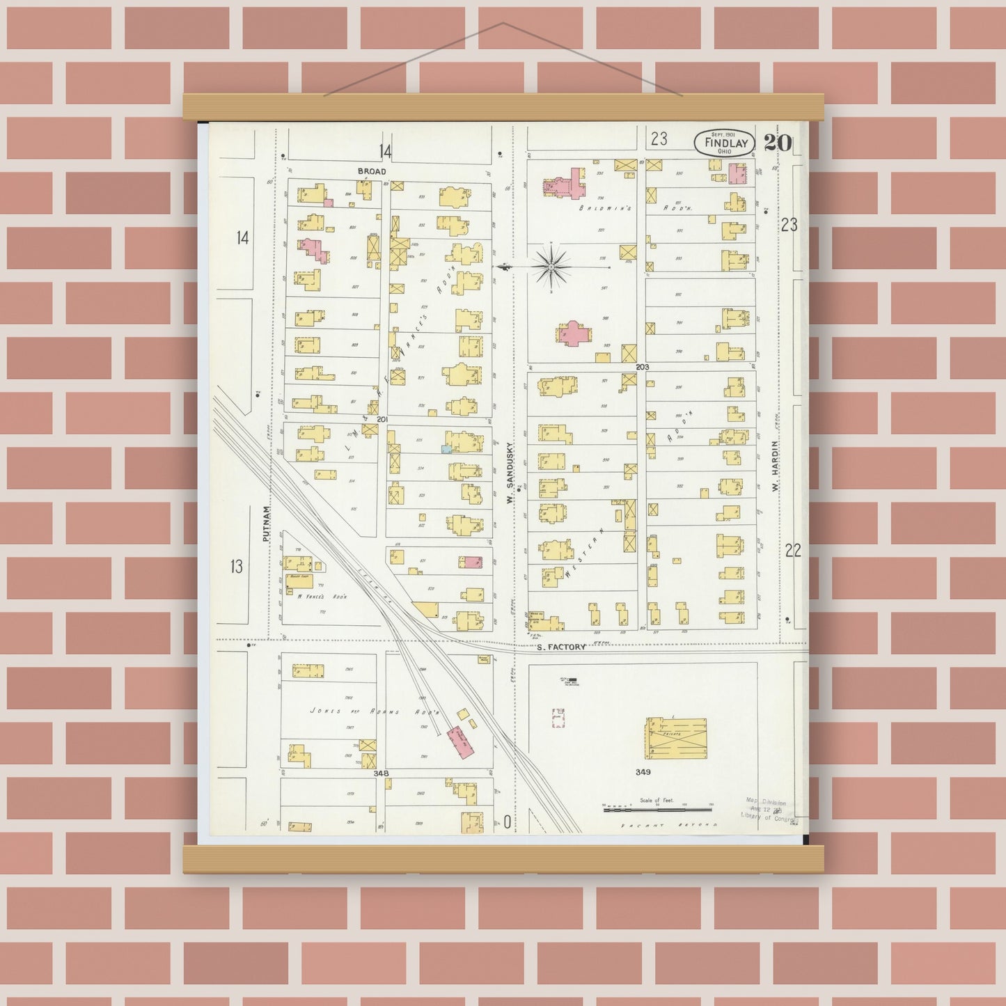 Old map wall art mockup — magnetic wood frame on brick wall — Sanborn Fire Insurance Map from Findlay, Hancock County, Ohio (1901), Sheet #0020