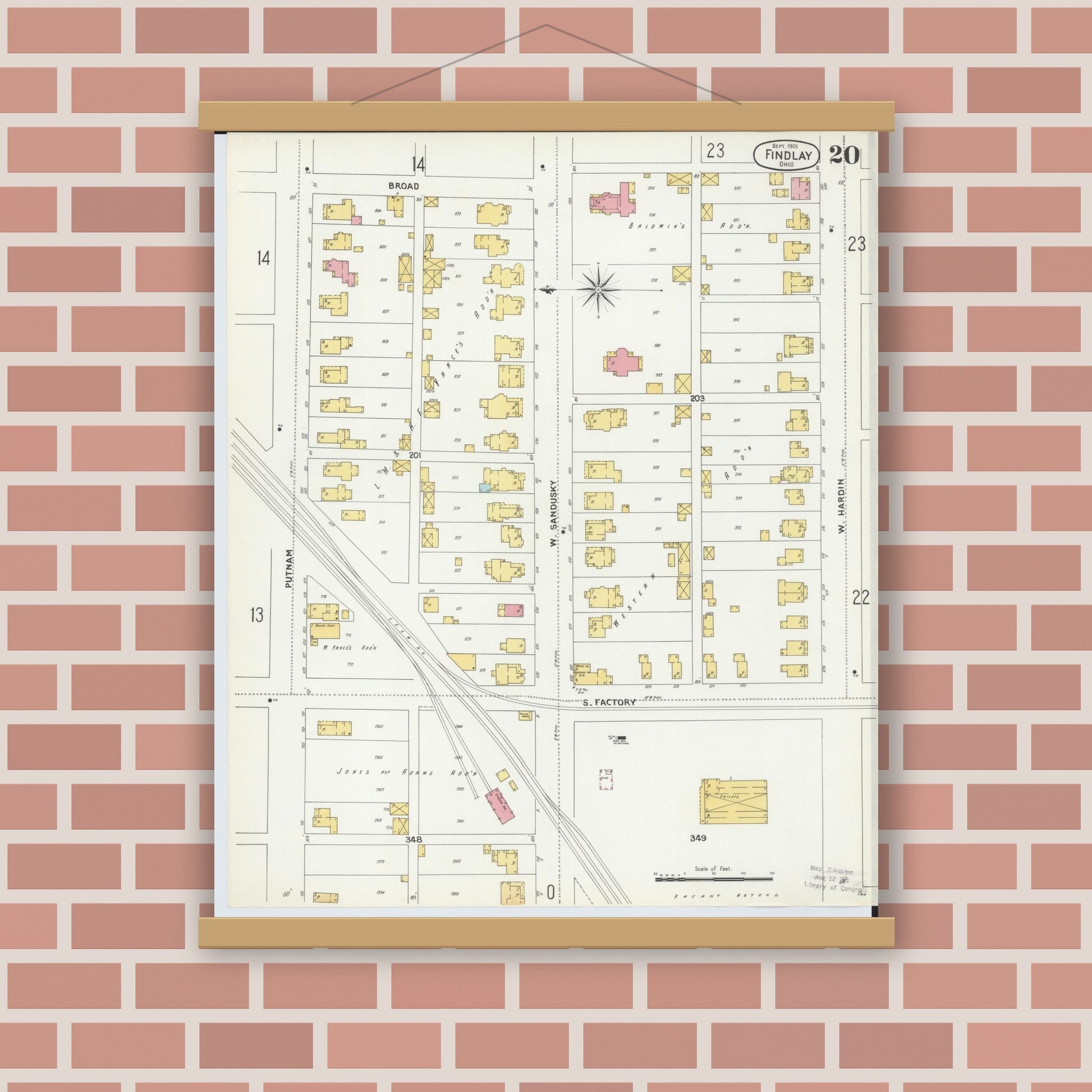 Old map wall art mockup — magnetic wood frame on brick wall — Sanborn Fire Insurance Map from Findlay, Hancock County, Ohio (1901), Sheet #0020