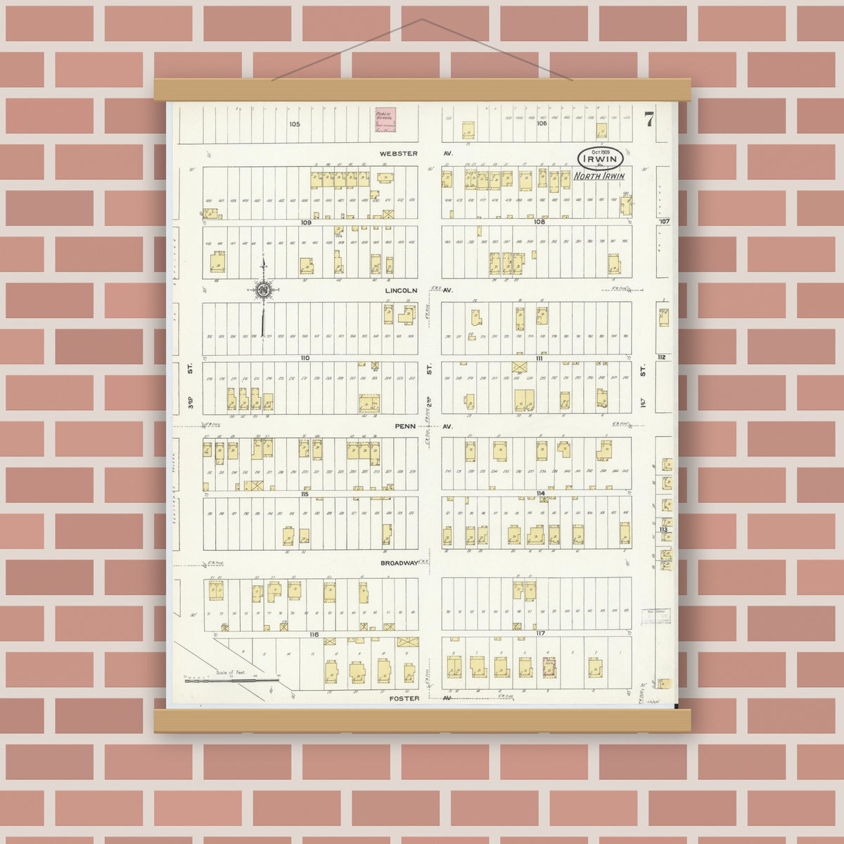 Old map wall art mockup — magnetic wood frame on brick wall — Sanborn Fire Insurance Map from Irwin, Westmoreland County, Pennsylvania (1909), Sheet #0007