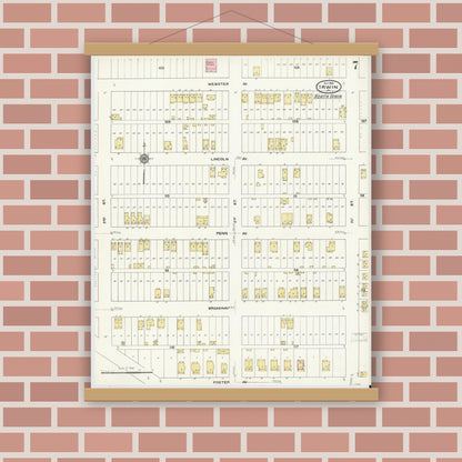 Old map wall art mockup — magnetic wood frame on brick wall — Sanborn Fire Insurance Map from Irwin, Westmoreland County, Pennsylvania (1909), Sheet #0007