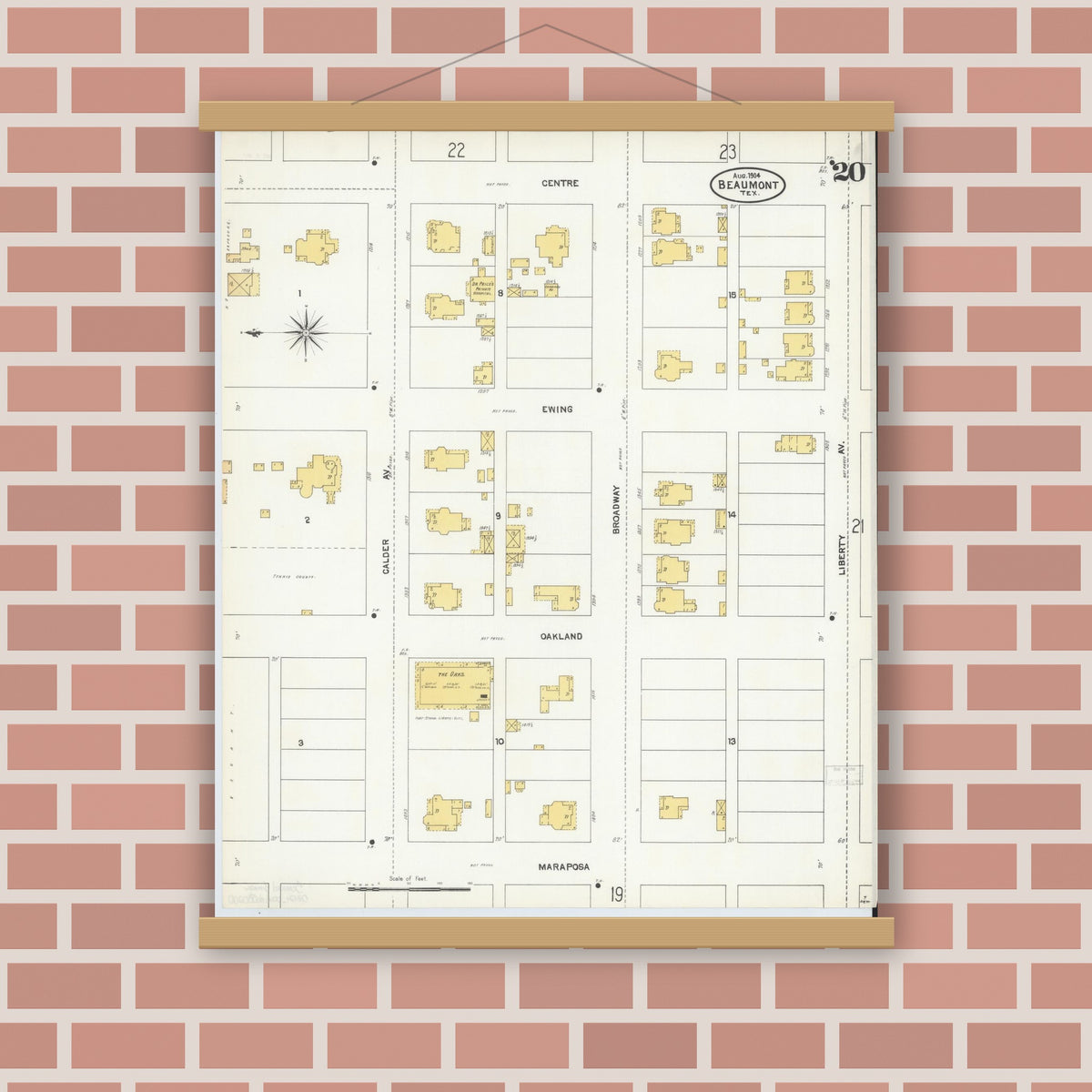 Old map wall art mockup — magnetic wood frame on brick wall — Sanborn Fire Insurance Map from Beaumont, Jefferson County, Texas (1904), Sheet #0020