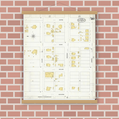 Old map wall art mockup — magnetic wood frame on brick wall — Sanborn Fire Insurance Map from Beaumont, Jefferson County, Texas (1904), Sheet #0020