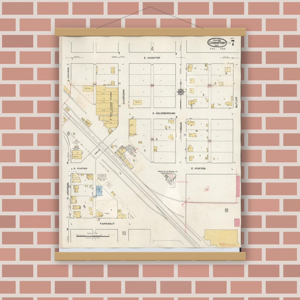 Old map wall art mockup — magnetic wood frame on brick wall — Sanborn Fire Insurance Map from Crown Point, Lake County, Indiana (1948), Sheet #0007