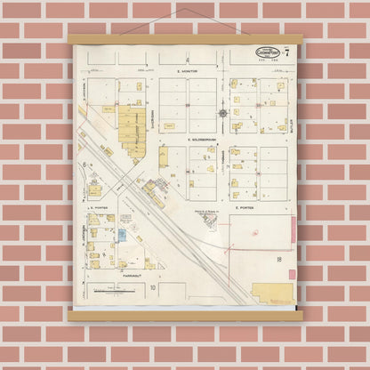 Old map wall art mockup — magnetic wood frame on brick wall — Sanborn Fire Insurance Map from Crown Point, Lake County, Indiana (1948), Sheet #0007