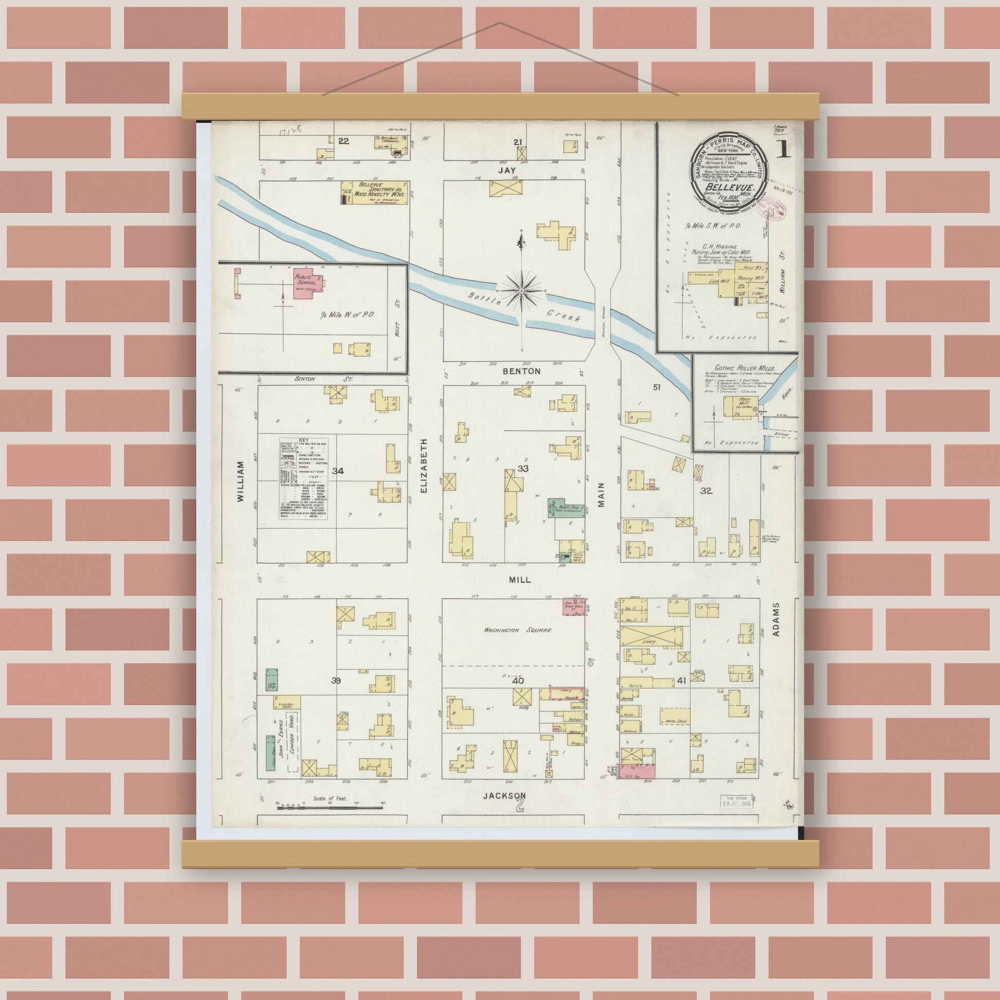 Old map wall art mockup — magnetic wood frame on brick wall — Sanborn Fire Insurance Map from Bellevue, Eaton County, Michigan (1895) - Complete Map Set