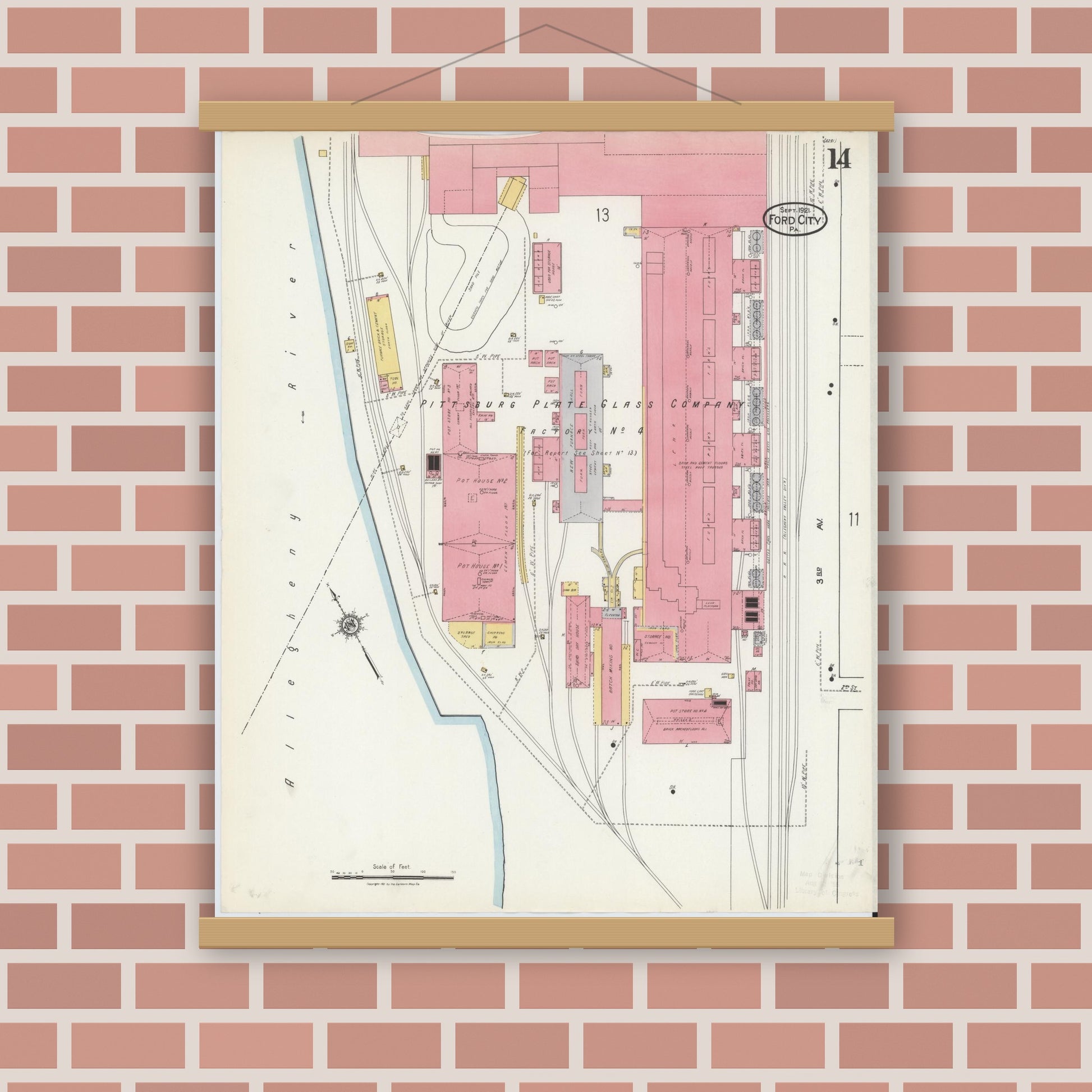 Old map wall art mockup — magnetic wood frame on brick wall — Sanborn Fire Insurance Map from Ford City, Armstrong County, Pennsylvania (1921), Sheet #0014