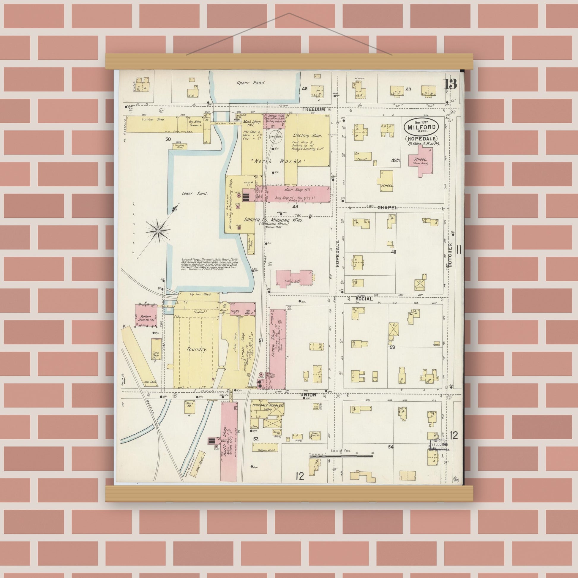 Old map wall art mockup — magnetic wood frame on brick wall — Sanborn Fire Insurance Map from Milford, Worcester County, Massachusetts (1897), Sheet #0013