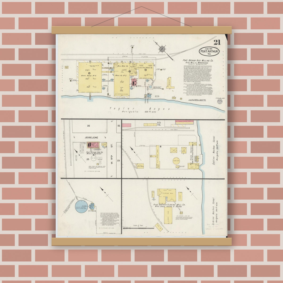 Old map wall art mockup — magnetic wood frame on brick wall — Sanborn Fire Insurance Map from Port Arthur, Jefferson County, Texas (1915), Sheet #0021