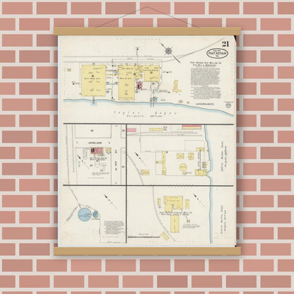 Old map wall art mockup — magnetic wood frame on brick wall — Sanborn Fire Insurance Map from Port Arthur, Jefferson County, Texas (1915), Sheet #0021