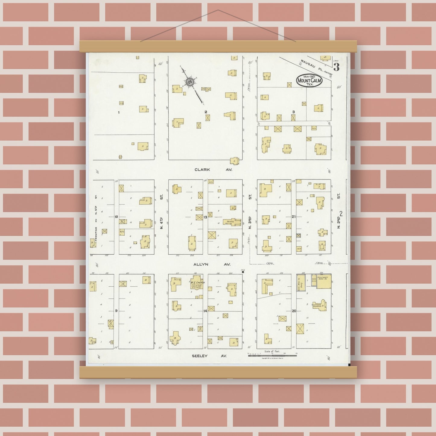Old map wall art mockup — magnetic wood frame on brick wall — Sanborn Fire Insurance Map from Mount Calm, Hill County, Texas (1921), Sheet #0003