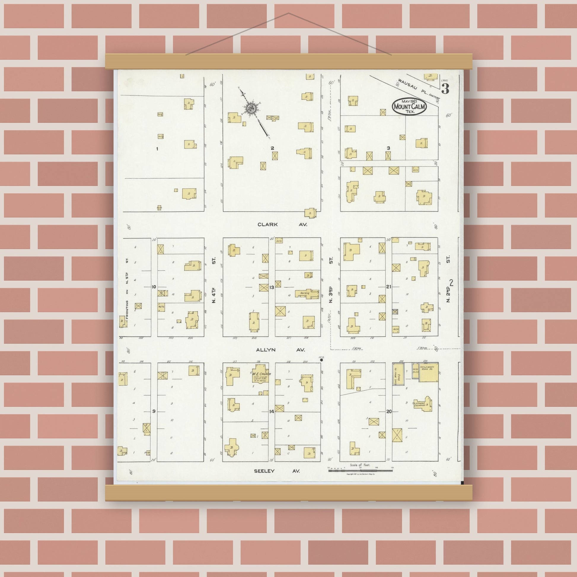 Old map wall art mockup — magnetic wood frame on brick wall — Sanborn Fire Insurance Map from Mount Calm, Hill County, Texas (1921), Sheet #0003