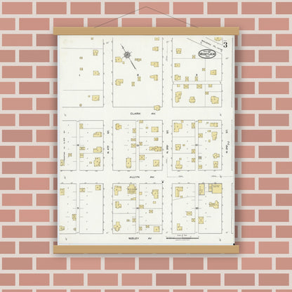 Old map wall art mockup — magnetic wood frame on brick wall — Sanborn Fire Insurance Map from Mount Calm, Hill County, Texas (1921), Sheet #0003