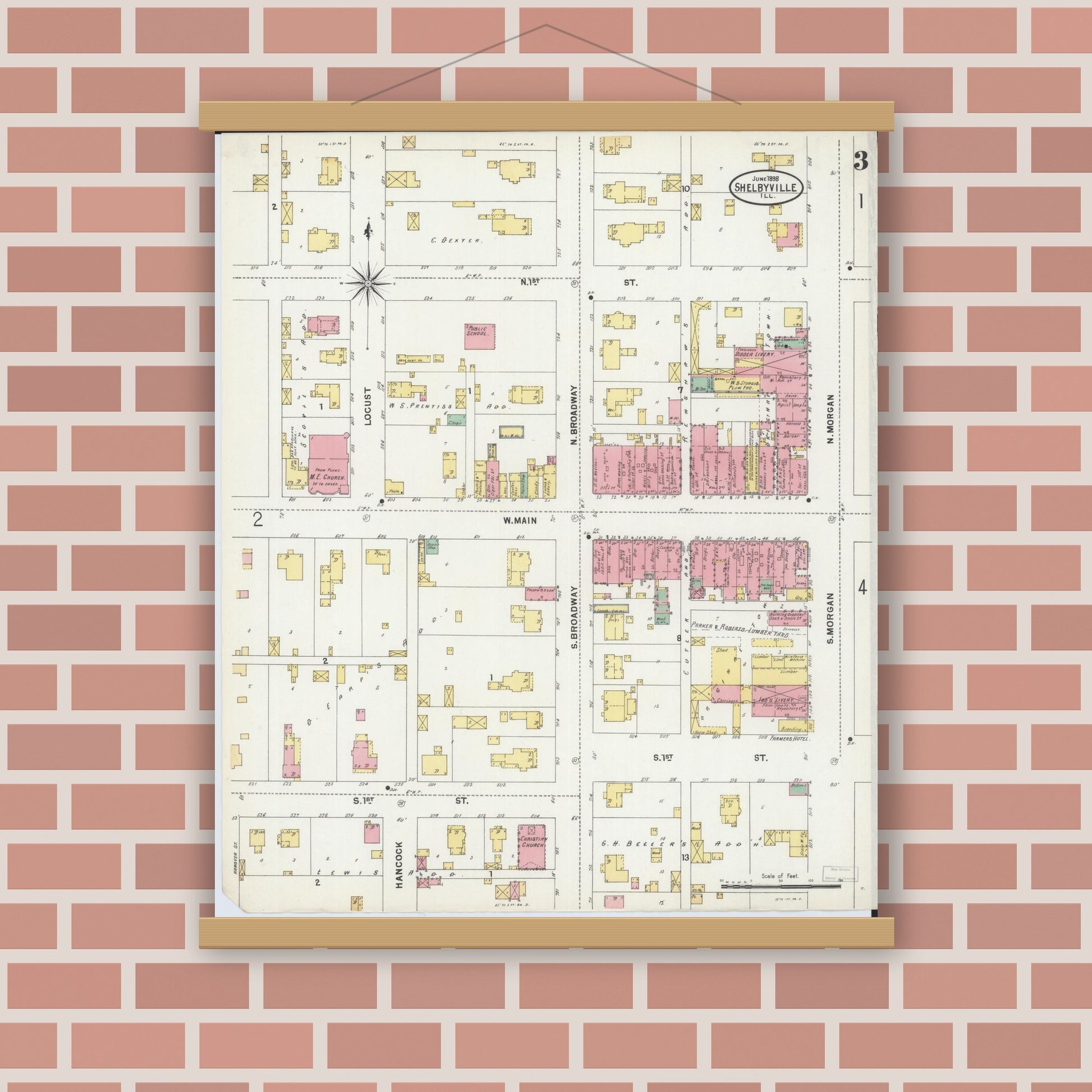 Old map wall art mockup — magnetic wood frame on brick wall — Sanborn Fire Insurance Map from Shelbyville, Shelby County, Illinois (1898), Sheet #0003