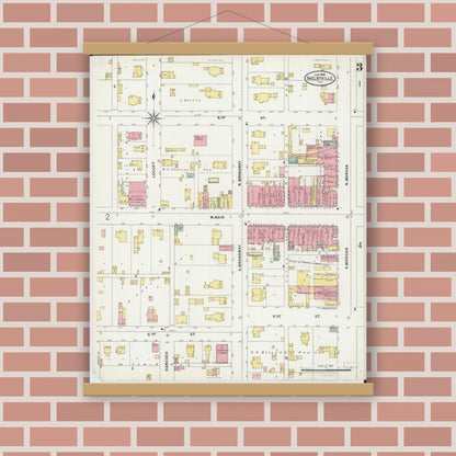 Old map wall art mockup — magnetic wood frame on brick wall — Sanborn Fire Insurance Map from Shelbyville, Shelby County, Illinois (1898), Sheet #0003