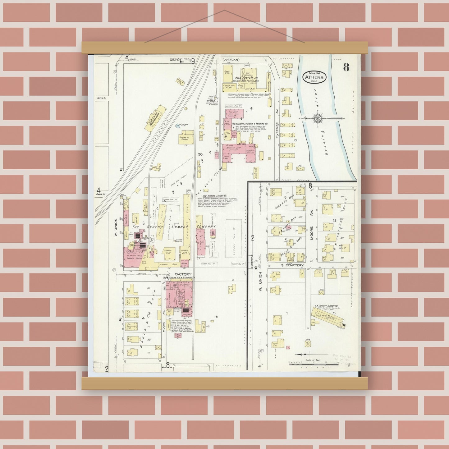 Old map wall art mockup — magnetic wood frame on brick wall — Sanborn Fire Insurance Map from Athens, Athens County, Ohio (1914), Sheet #0008