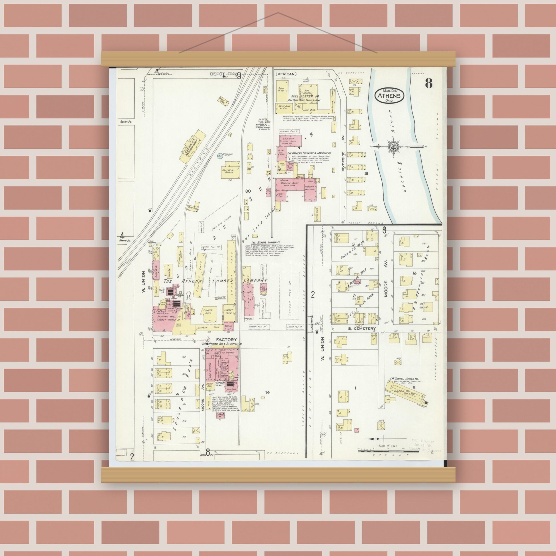 Old map wall art mockup — magnetic wood frame on brick wall — Sanborn Fire Insurance Map from Athens, Athens County, Ohio (1914), Sheet #0008