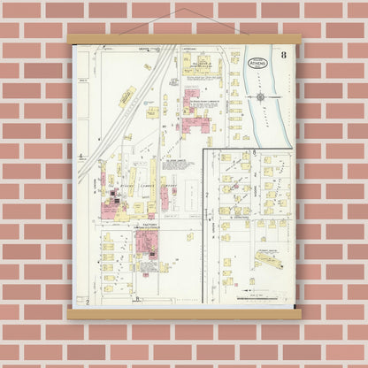 Old map wall art mockup — magnetic wood frame on brick wall — Sanborn Fire Insurance Map from Athens, Athens County, Ohio (1914), Sheet #0008