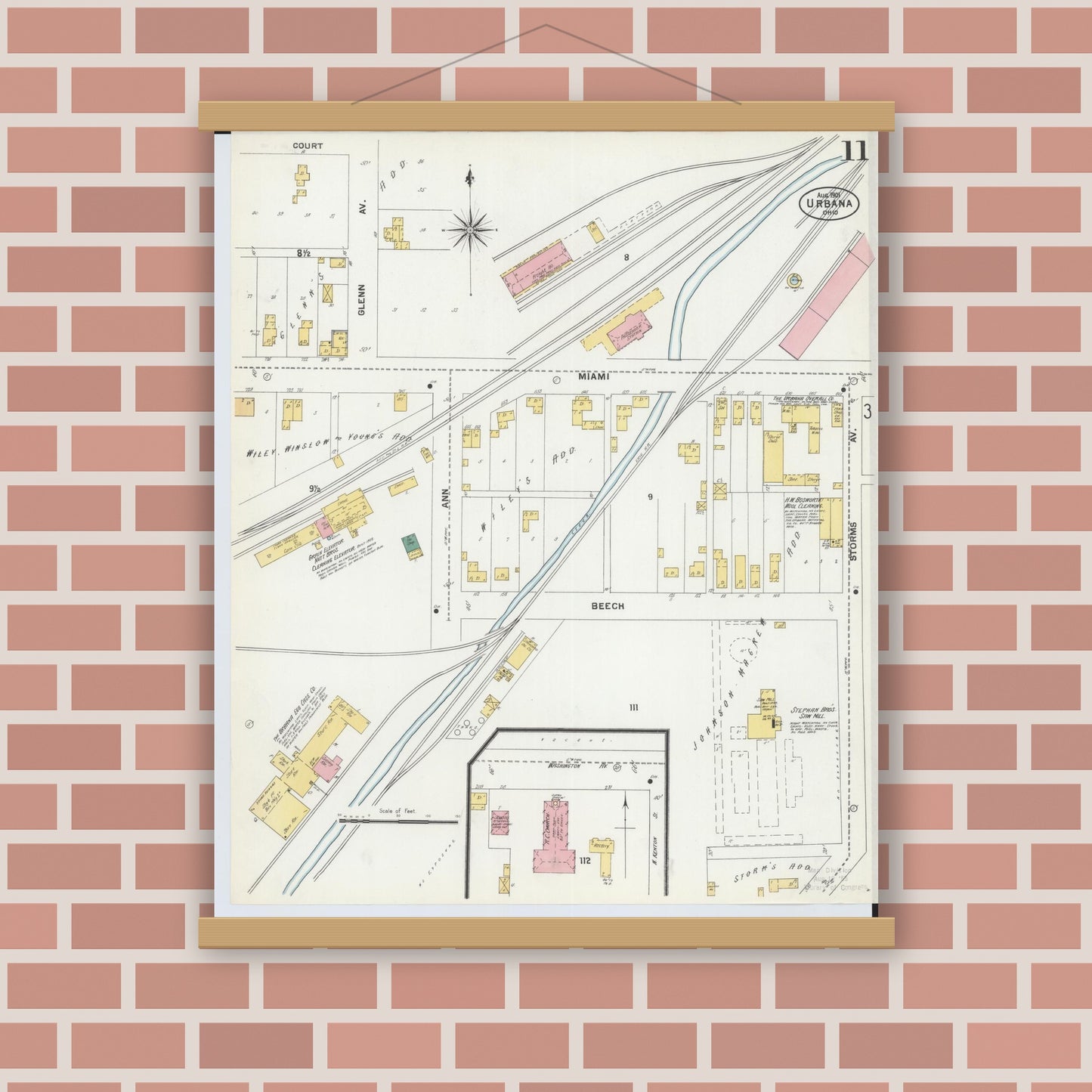 Old map wall art mockup — magnetic wood frame on brick wall — Sanborn Fire Insurance Map from Urbana, Champaign County, Ohio (1901), Sheet #0011